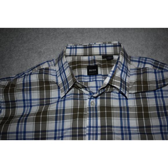 Boss Hugo Boss Dress Shirt Mens Size XL Regular Fit Brown Blue Plaids Cotton - Picture 1 of 7